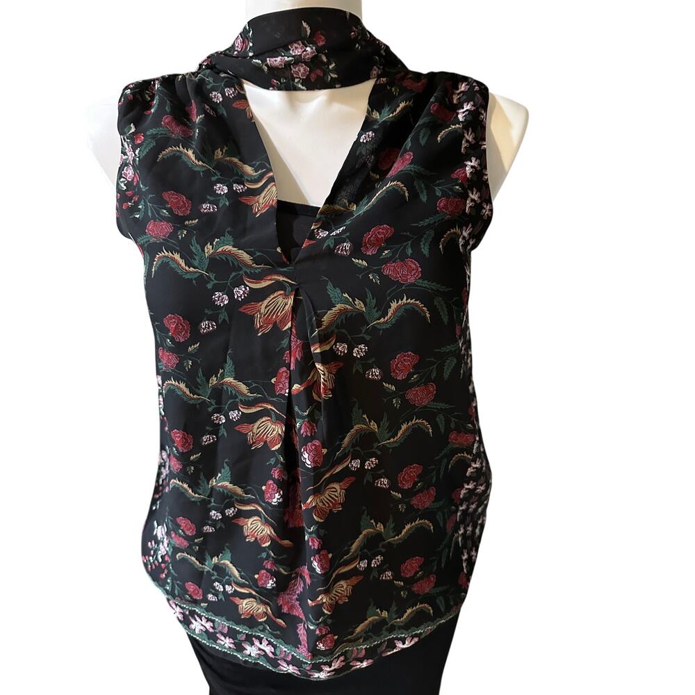 Max Studio Black Floral Sleeveless Blouse Tie Neck Light Sheer Top Women’s L